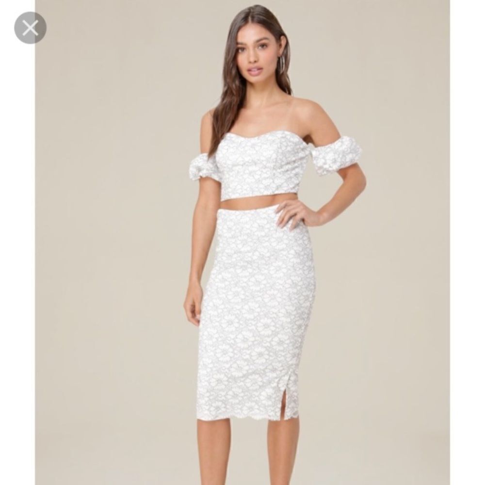 Bebe Lace Karen Two (2) Piece Top and Skirt Set Feminine Contemporary Event